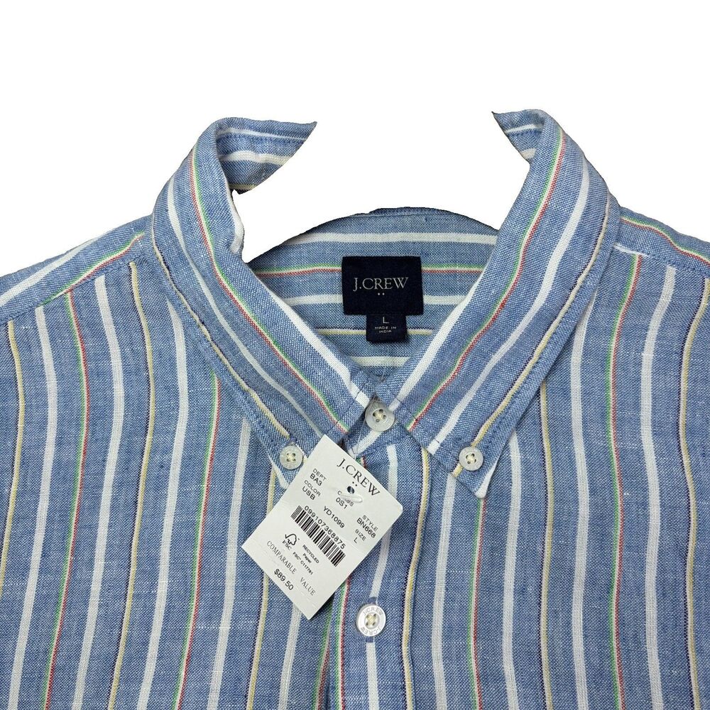 J Crew Linen Blend Shirt Mens Large Short Sleeve Stripes Summer Preppy NWTGS